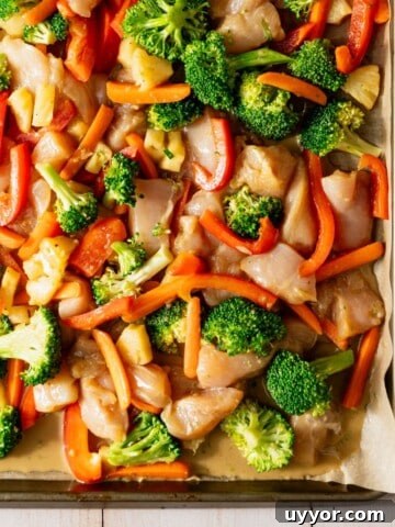 A baking sheet covered in chopped chicken and vegetables.