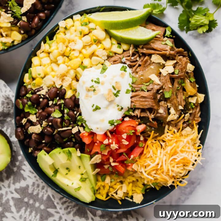 An overhead image of a beef burrito bowl with another next to it and limes and cilantro on the side.