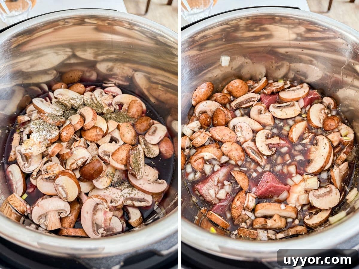 Instant Pot Beef Tips with Rich Mushroom Gravy 5 Veggies and beef in the instant pot and then liquids and seasonings added.