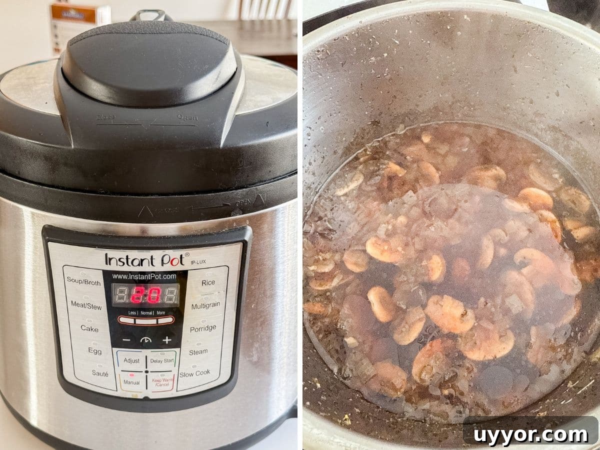 Instant Pot Beef Tips with Rich Mushroom Gravy 6 The Instant Pot closed and cooking and then a view into the instant pot once it's cooked.