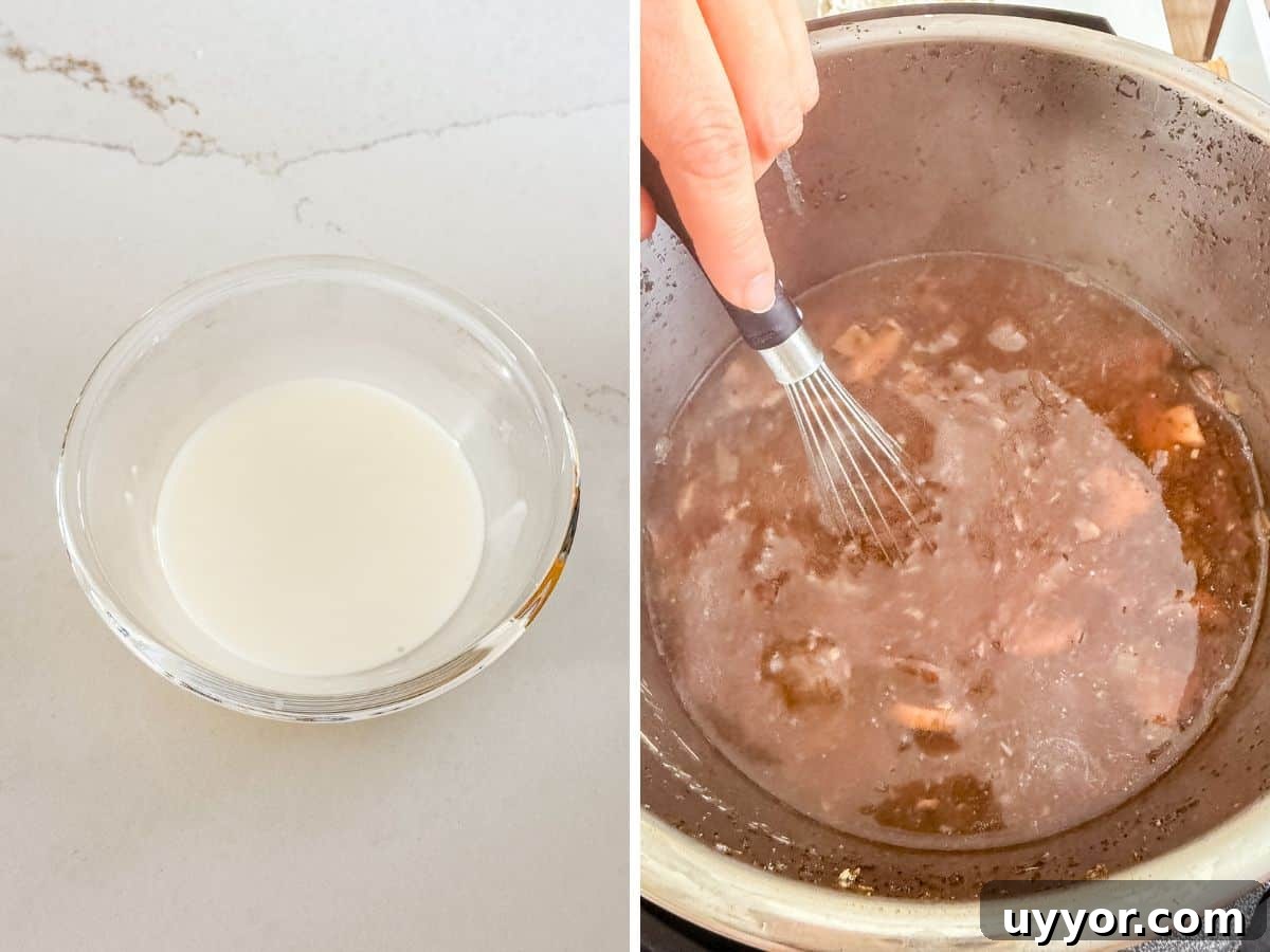 Instant Pot Beef Tips with Rich Mushroom Gravy 7 A corn starch slurry and then the slurry being whisked into the Instant Pot.