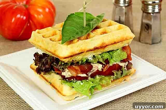 cheese-waffle-single Cheesy Waffle BLT Sandwiches Served on a White Square Plate with a Basil Leaf Garnish