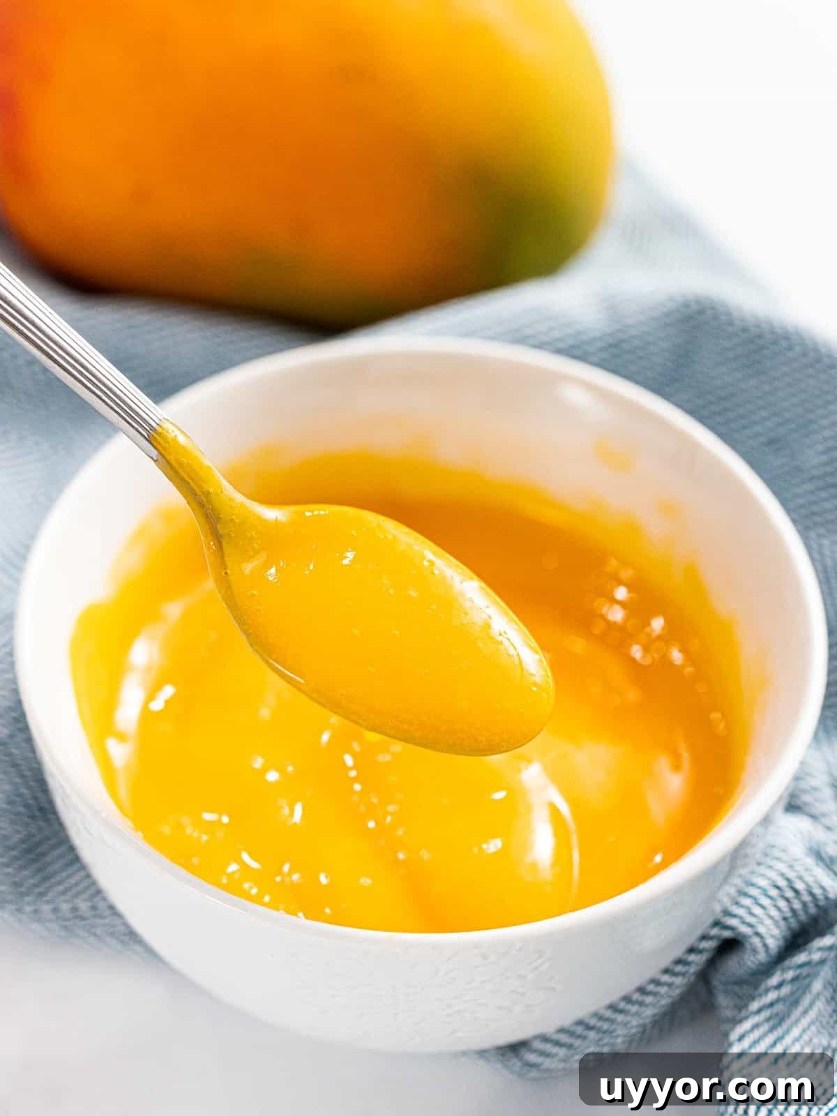 Mango sauce on a spoon.