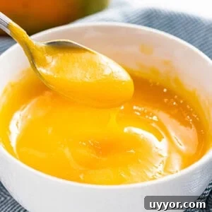 Mango sauce in a spoon.