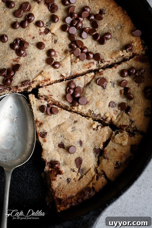 Skillet Chocolate Chip Cookie with Browned Butter (Low Carb) 2 Low Carb Browned Butter Chocolate Chip Skillet Cookie with chocolate chip on top