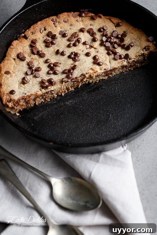 Skillet Chocolate Chip Cookie with Browned Butter (Low Carb) 12 Half Low Carb Browned Butter Chocolate Chip Skillet Cookie on a pan