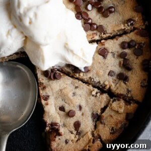 Skillet Chocolate Chip Cookie with Browned Butter (Low Carb) 13 Ice Cream on top of Low Carb Browned Butter Chocolate Chip Skillet Cookie