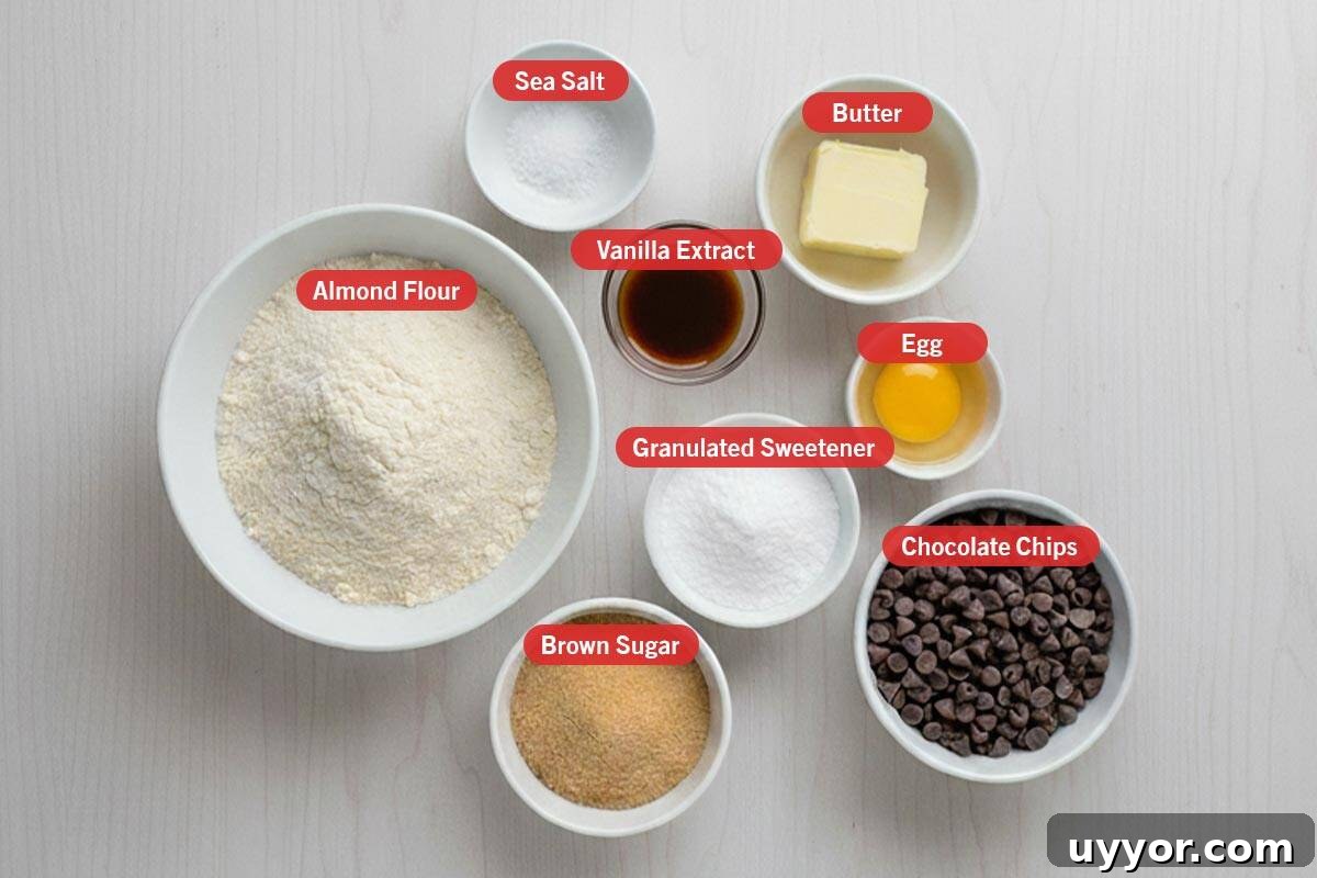 Skillet Chocolate Chip Cookie with Browned Butter (Low Carb) 3 Top shot of ingredients: sea salt, vanilla extract, butter, almond flour, granulated sweetener, egg, brown sugar, and chocolate chips.