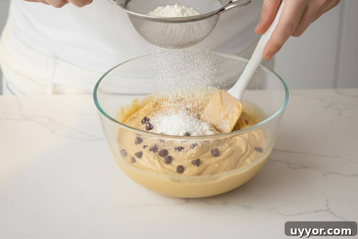 Skillet Chocolate Chip Cookie with Browned Butter (Low Carb) 9 Sifting in the flour in the bowl with egg mixture and chocolate chips.