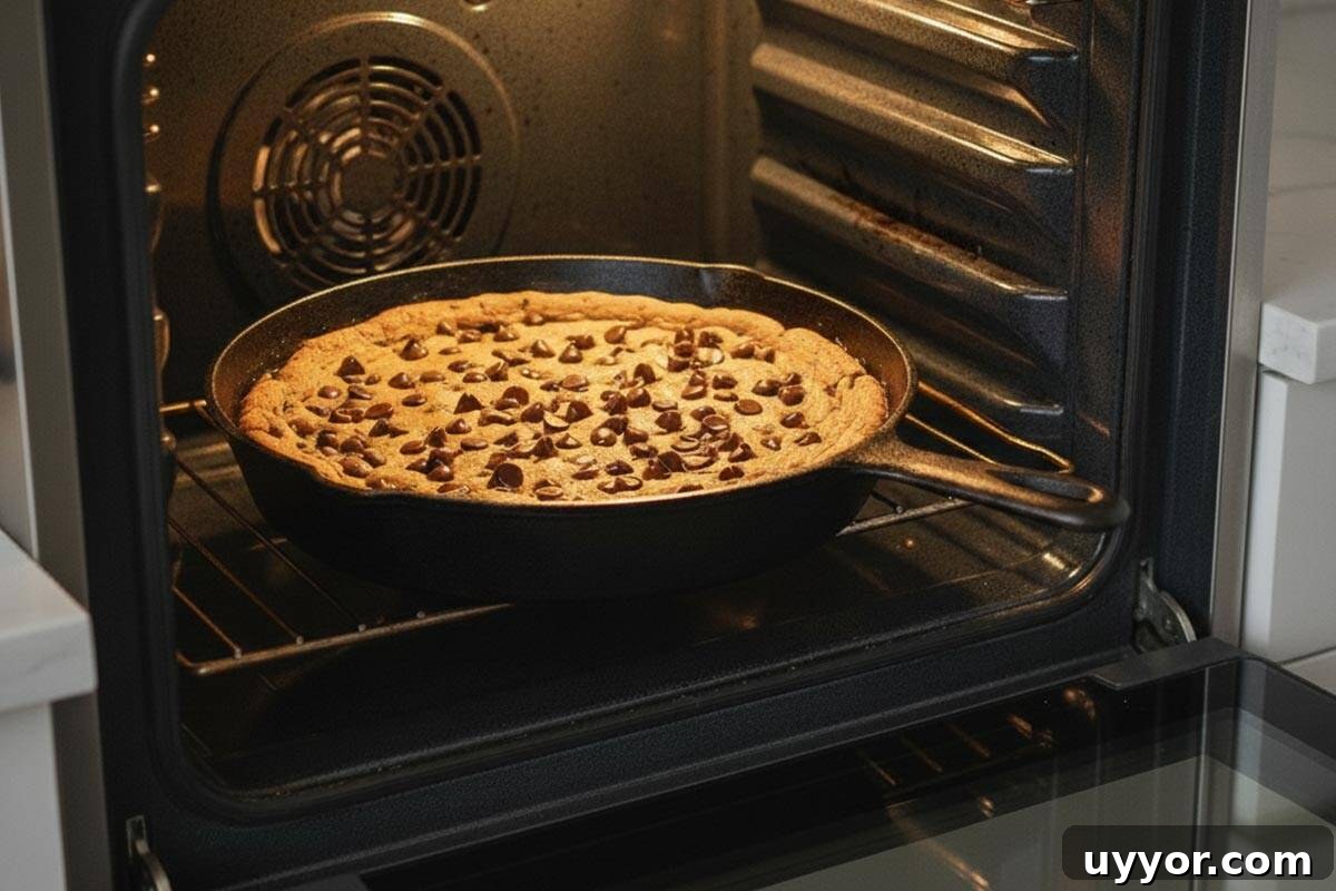 Skillet Chocolate Chip Cookie with Browned Butter (Low Carb) 10 Baking the batter with chocolate chips.