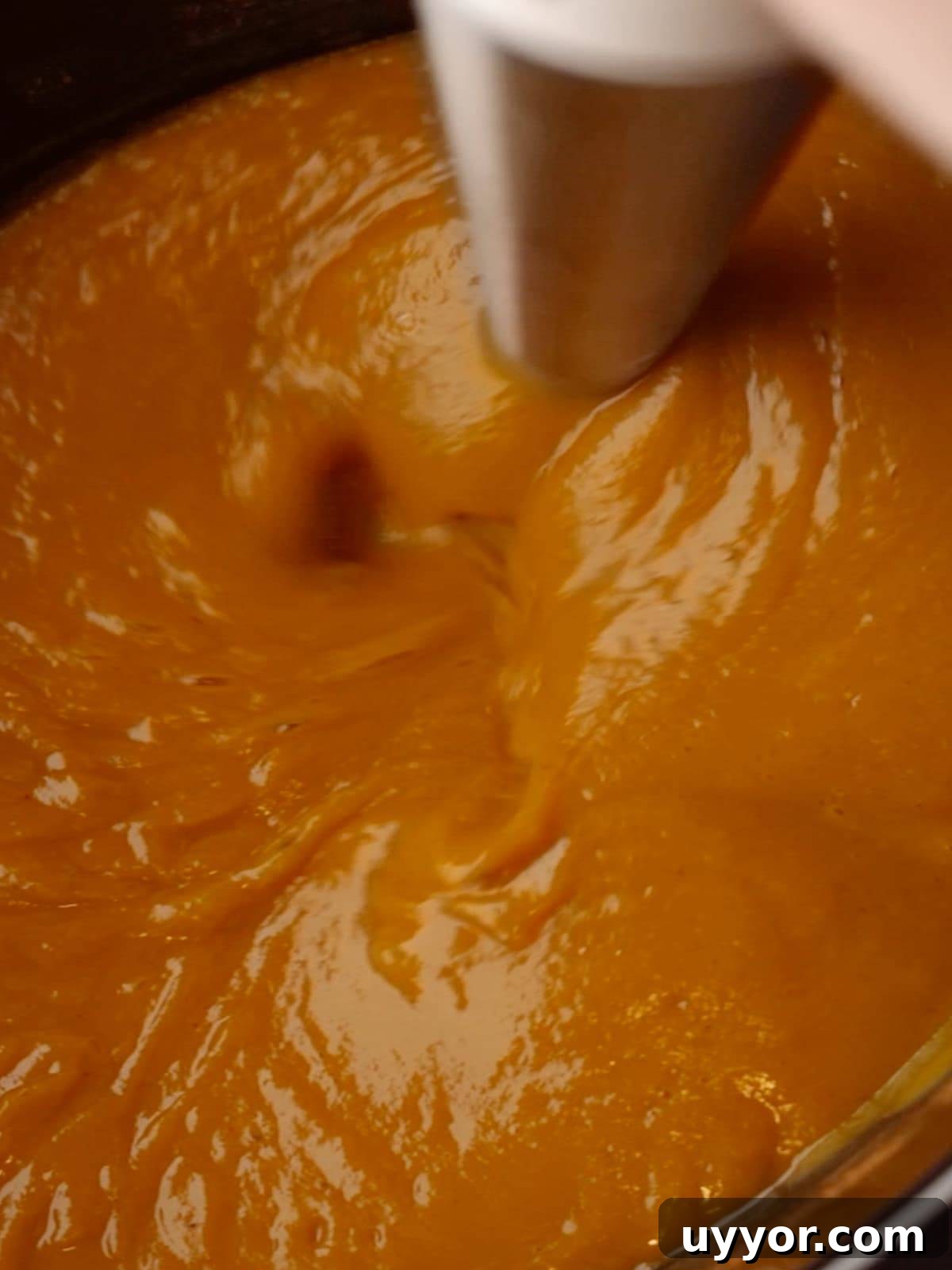 Soup being blended with an immersion blender.
