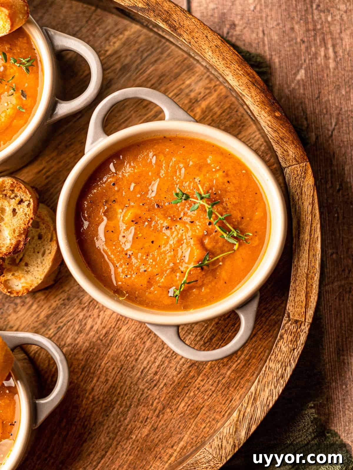 Bowl of pumpkin and sweet potato soup on a tray.