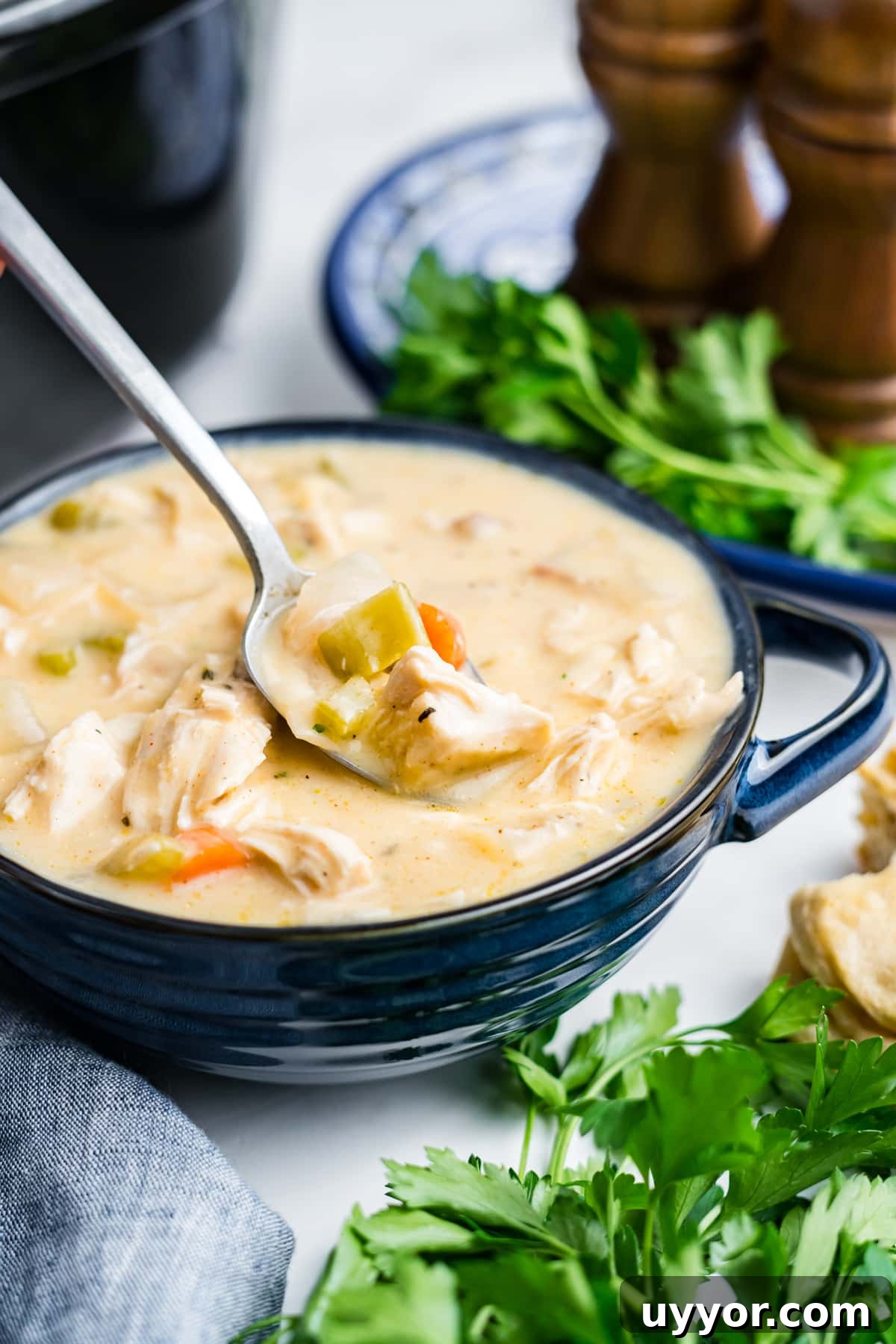 A bowl of creamy chicken stew with a spoon lifting up a bite. 