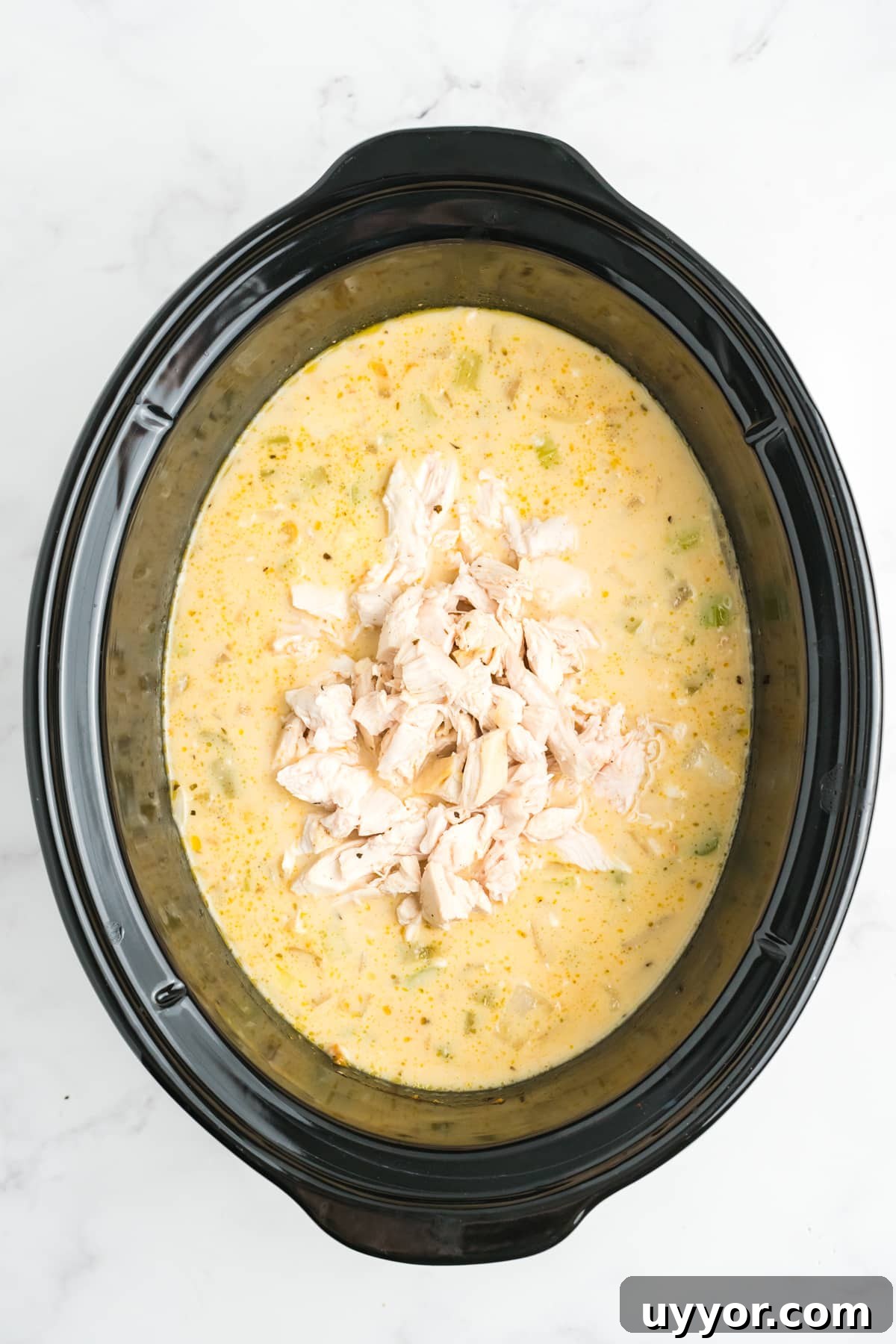 Chicken added back to the stew in the crockpot. 