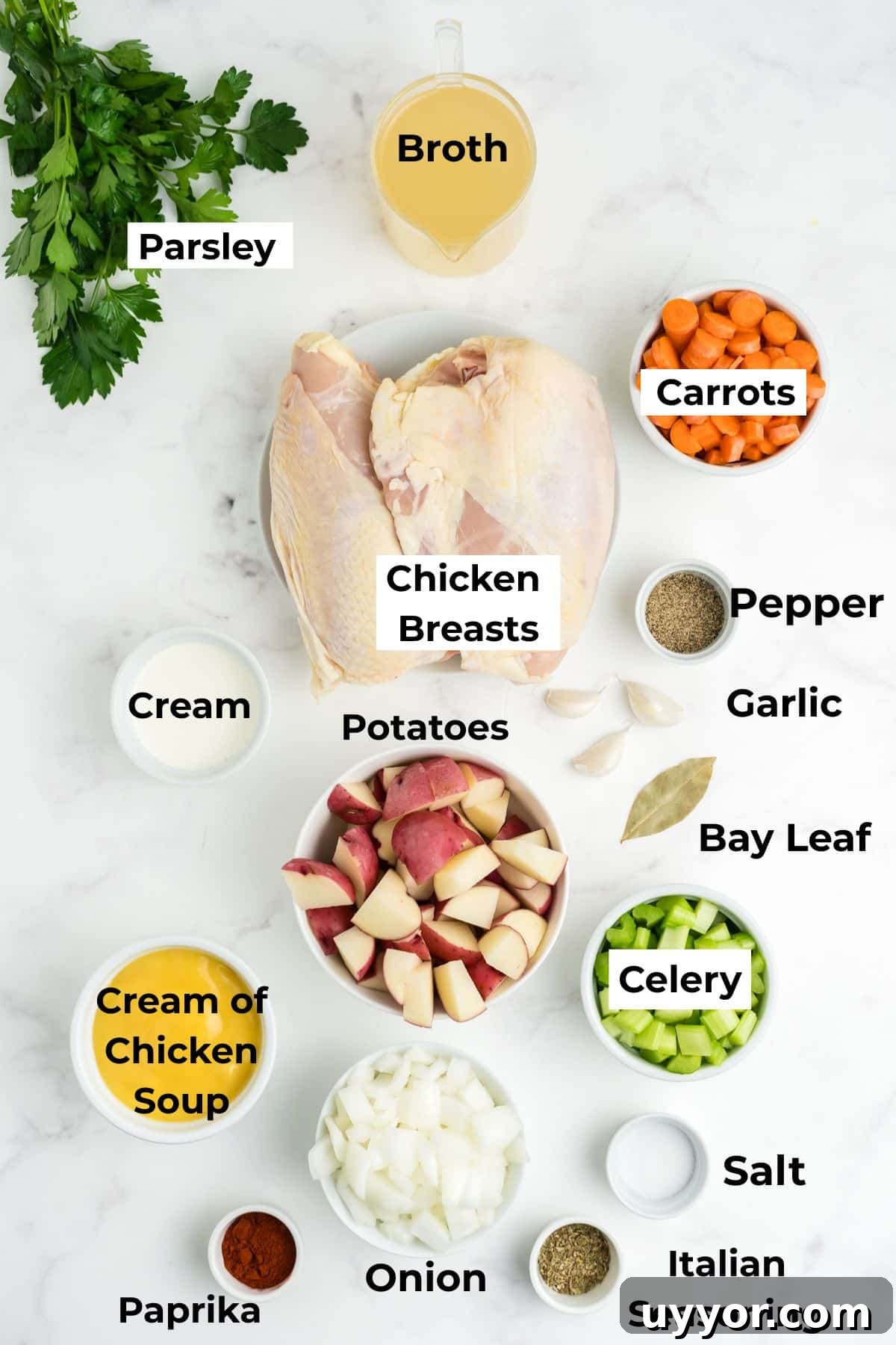 Ingredients to make creamy chicken stew in the slow cooker in bowls on the table. 