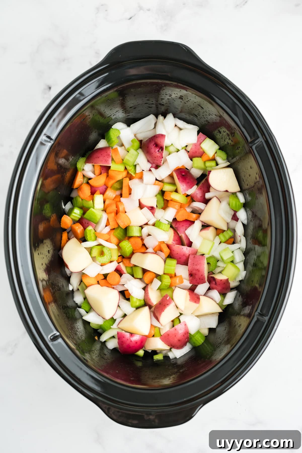 Vegetables added to the crockpot. 
