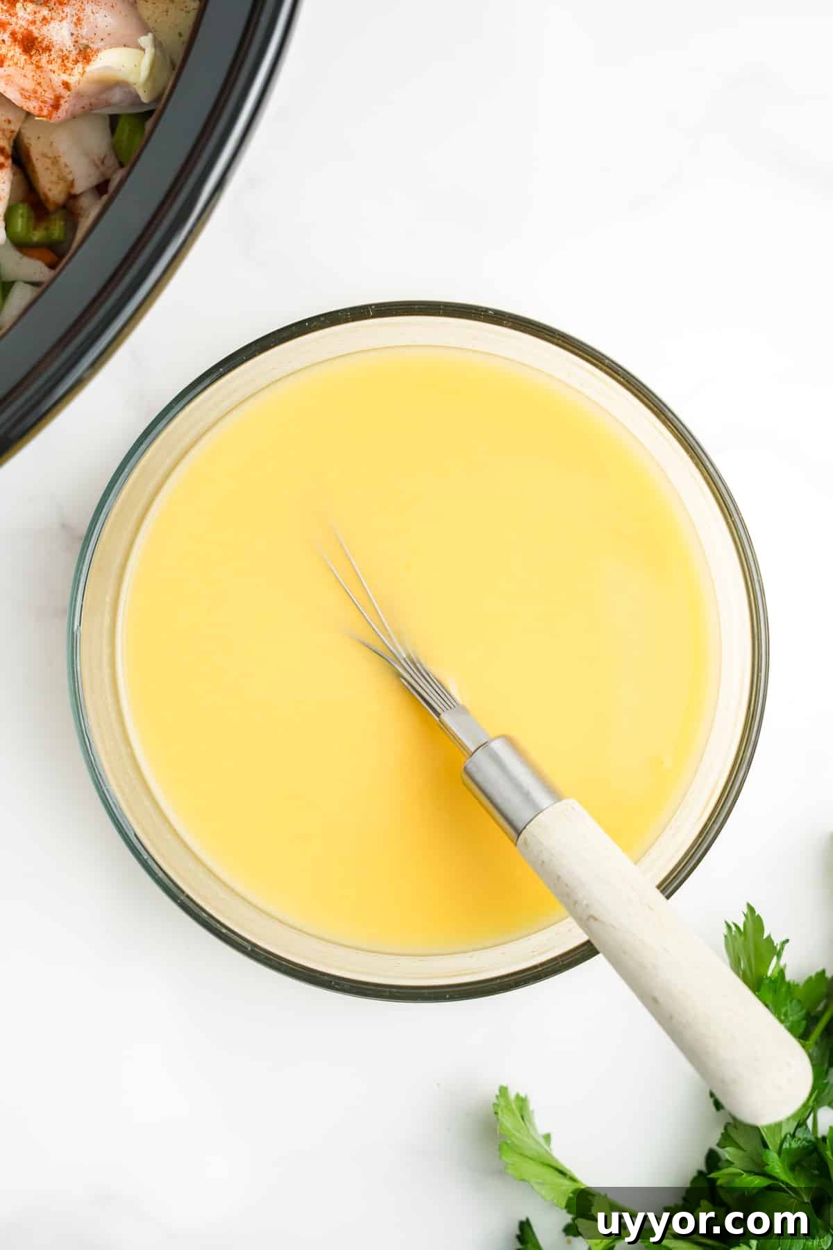 Creamy sauce for chicken stew mixed in a bowl. 