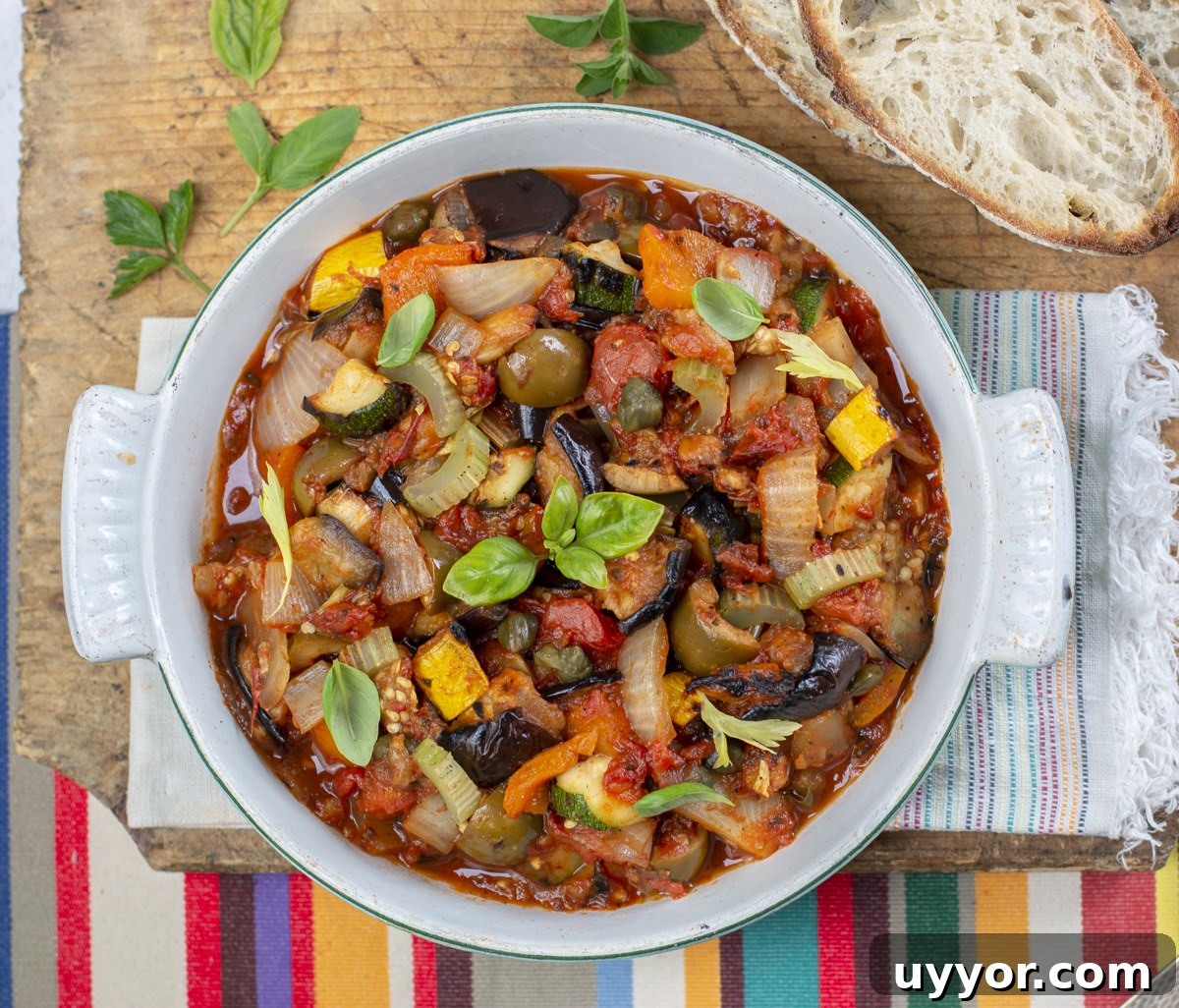 Grilled Caponata: Smoky Sicilian Eggplant with Bold Flavor 13 The finished Grilled Caponata in a vintage casserole