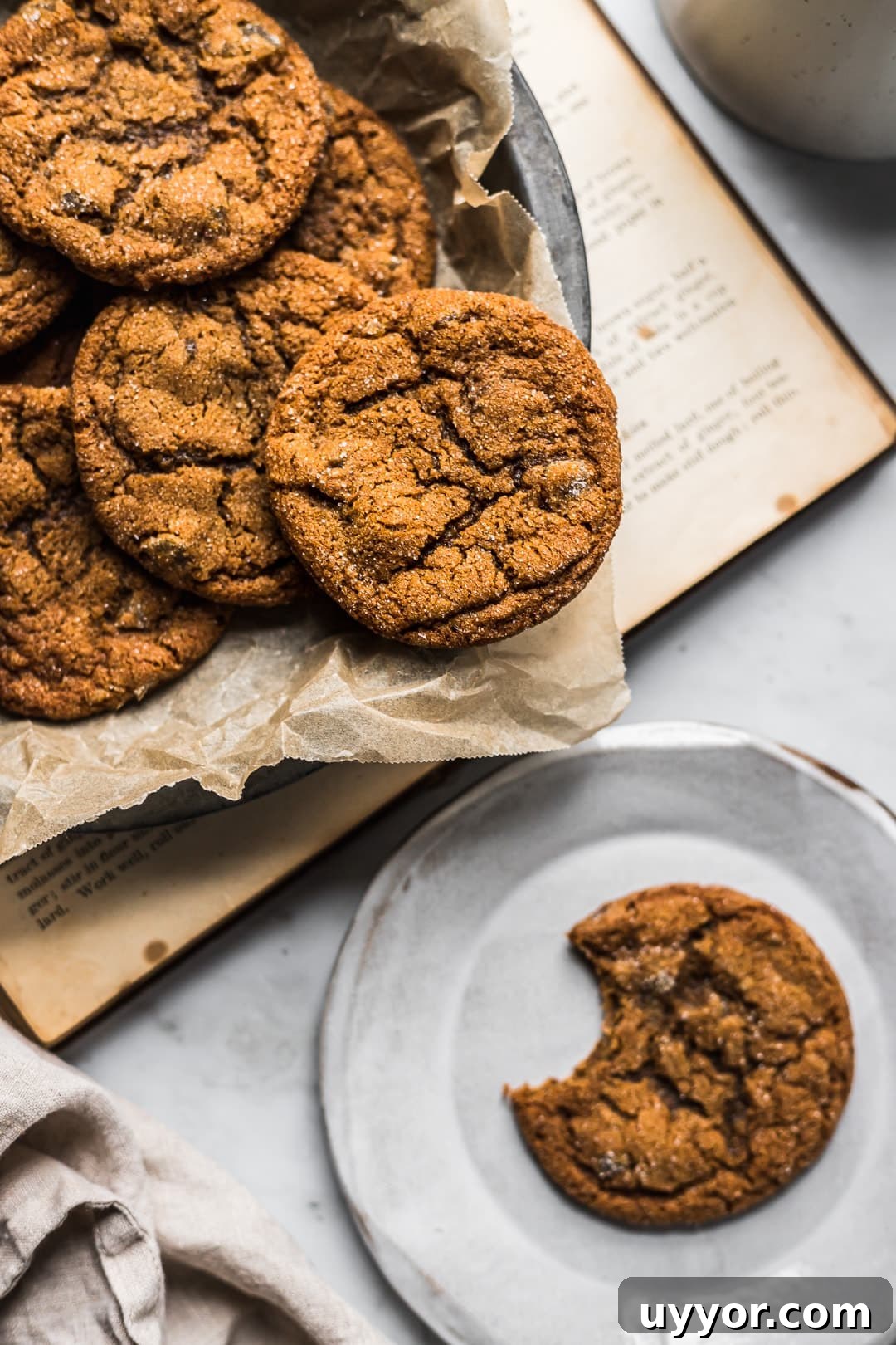 Close up of ginger molasses cookies in a pan with a cookie nearby on a plate with a bite taken out of it