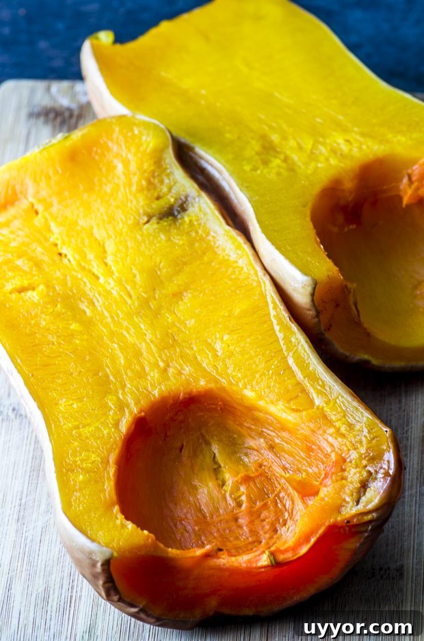 roasted butternut squash sliced in half length wise