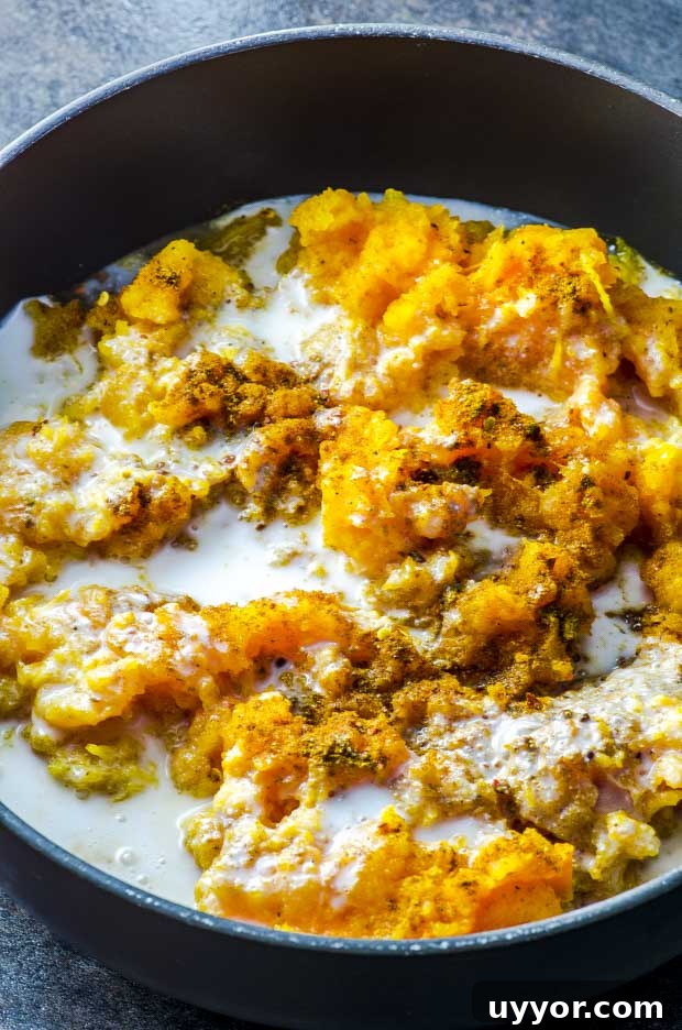 A pan with mashed butternut squash with spices and coconut milk