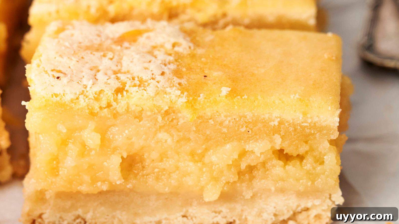 Close-up of a lemon bar with a crumbly, light yellow top layer and a thicker, moist filling resting on a shortbread crust.