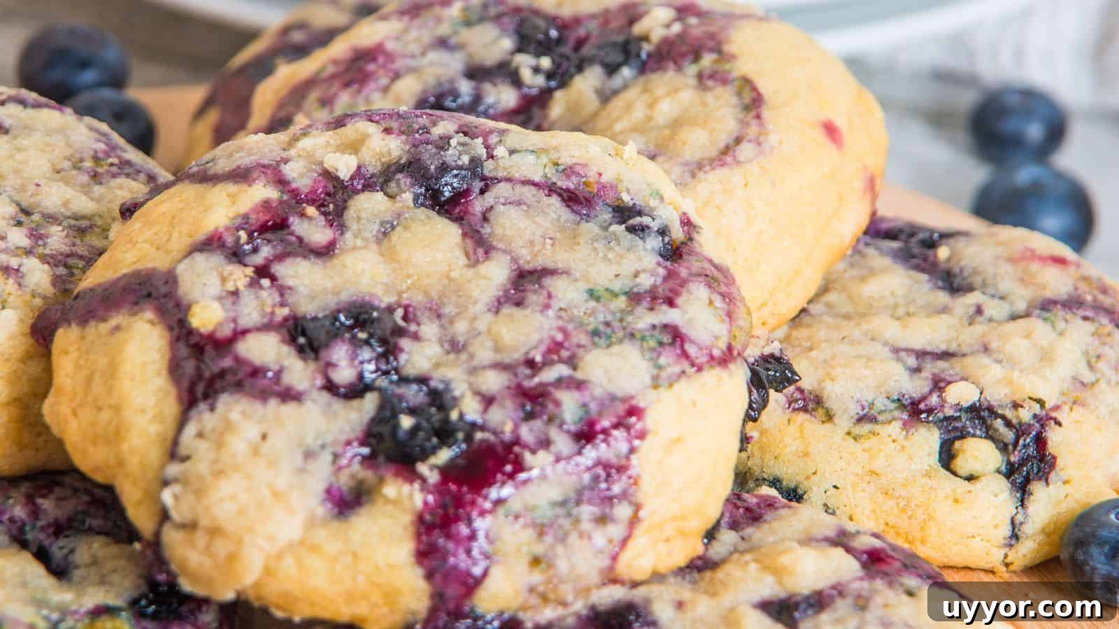 Close up image of lemon blueberry muffin cookies on a wooden board.
