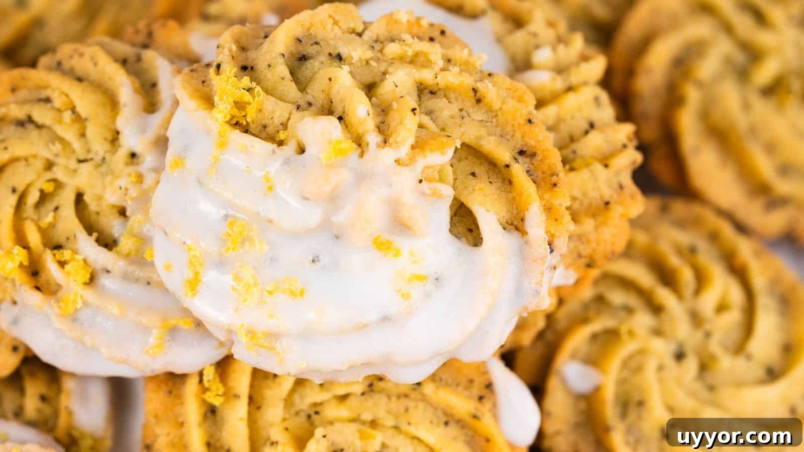 Close-up of spiral lemon poppy seed cookies drizzled with white icing and garnished with lemon zest.