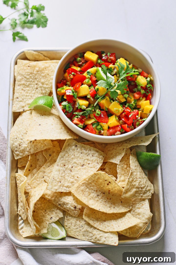 Fresh Mango and Tomato Salsa Recipe for Summer Parties 2 fresh tomato mango salsa in a white bowl surrounded by tortilla chips on a metal tray