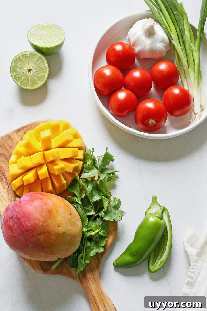 Fresh Mango and Tomato Salsa Recipe for Summer Parties 3 ingredients in this recipe for mango salsa arranged on a light countertop