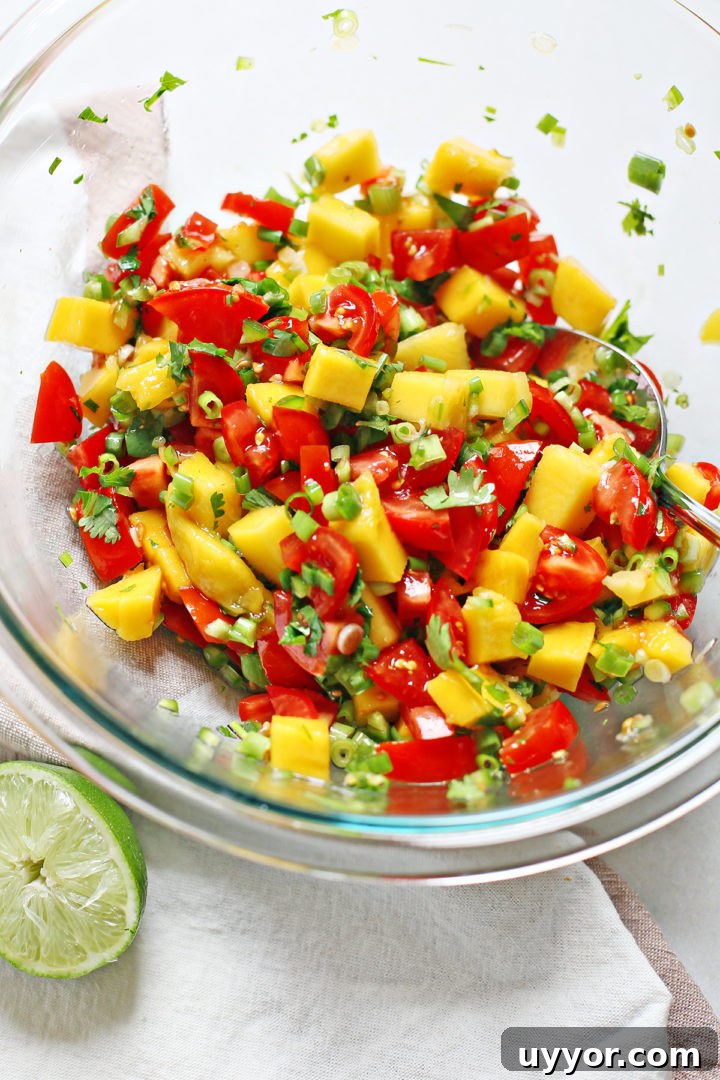 Fresh Mango and Tomato Salsa Recipe for Summer Parties 5 overhead photo of fresh tomato mango salsa in a glass bowl with a spoon