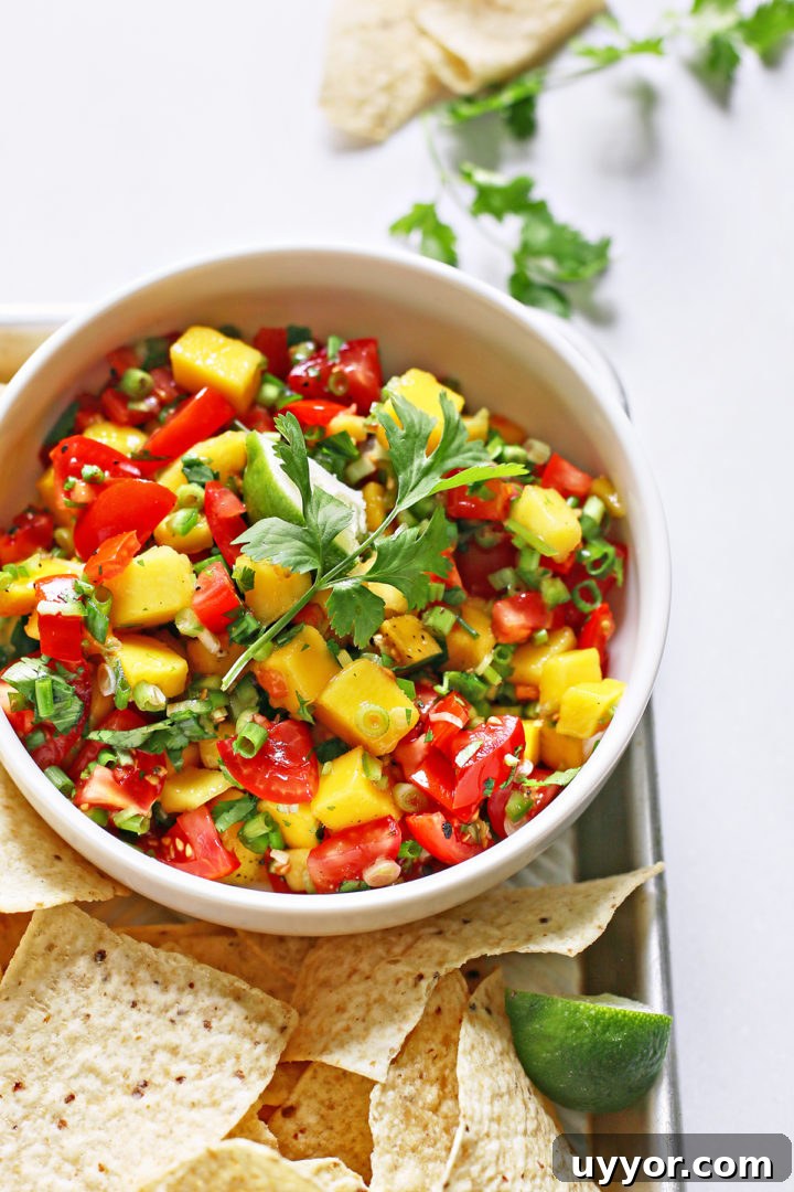 Fresh Mango and Tomato Salsa Recipe for Summer Parties 8 fresh mango salsa in a white bowl surrounded by tortilla chips on a metal tray