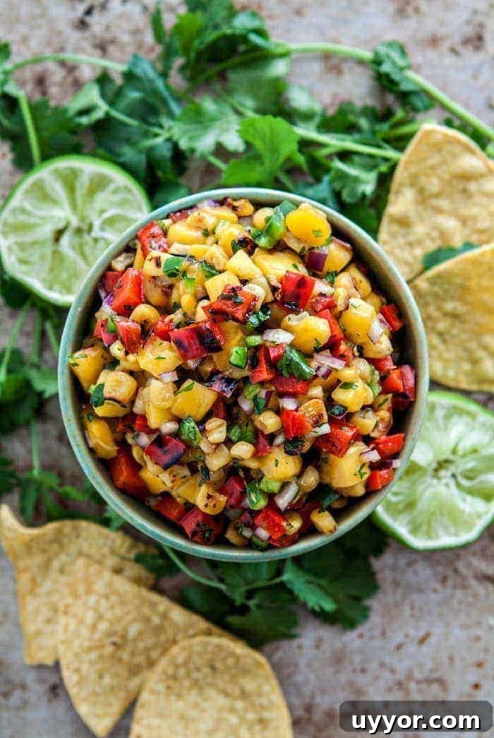 Mango Salsa with Grilled Corn and Blistered Red Peppers