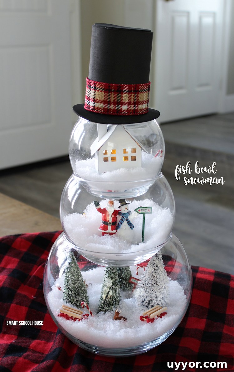 Fishbowl Snowman DIY Decor Ideas for Winter Crafting 7 Fish Bowl Snowman Craft for a Christmas decoration. ADORABLE! Make a little Christmas scene in each bowl. #fishbowlsnowman