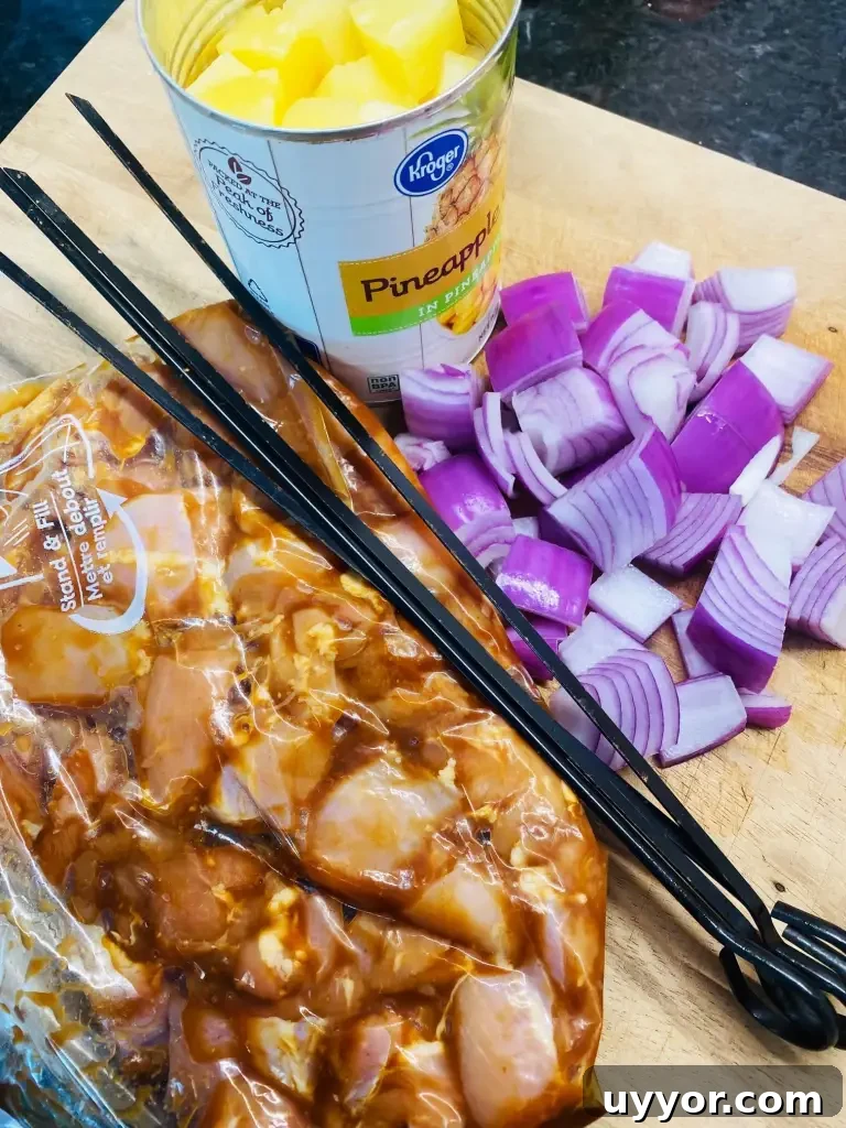 Hawaiian BBQ Chicken Skewers with Pineapple Glaze 3 ingredients ready to make the kabobs