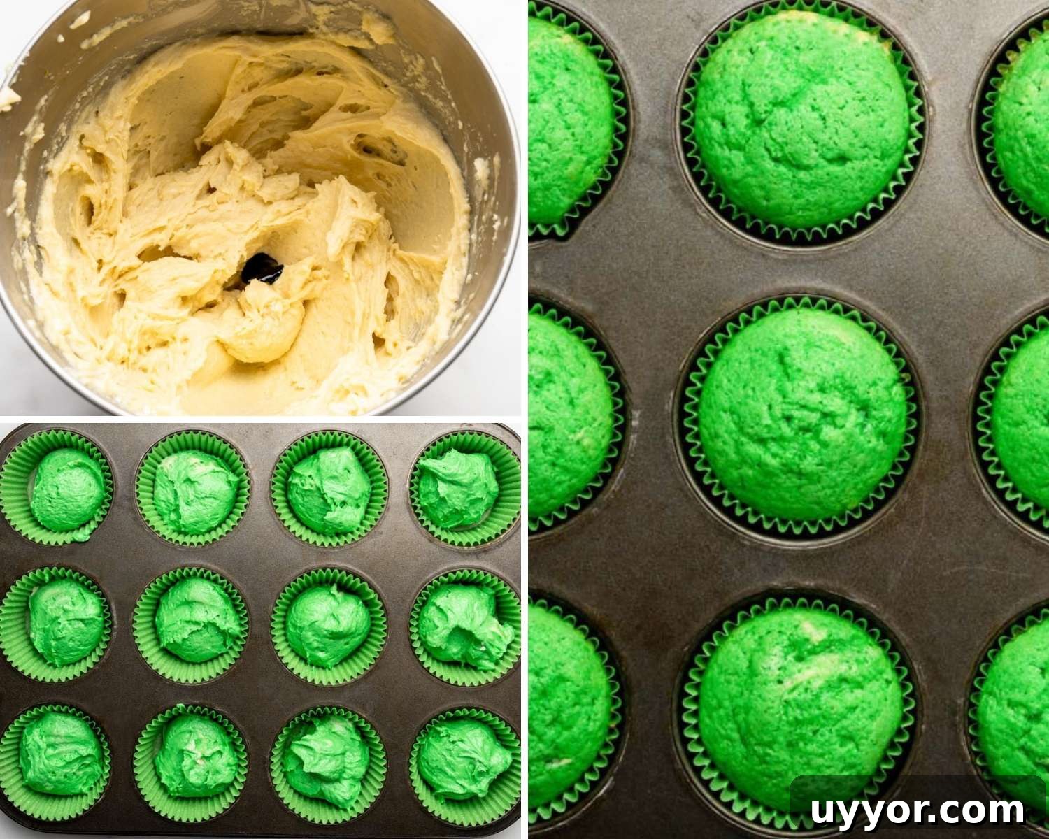 Watermelon Cupcakes Recipe: Refreshing Summer Dessert Idea 5 Collage of three images showing how to make cupcake batter and bake in pan