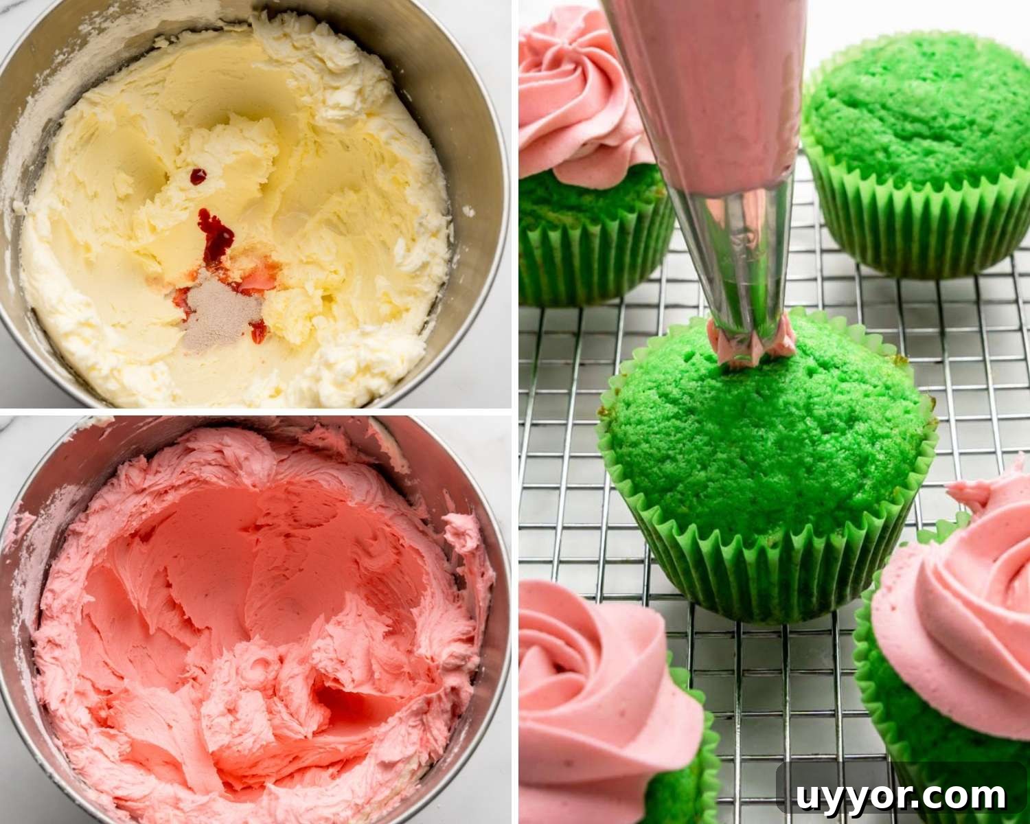 Watermelon Cupcakes Recipe: Refreshing Summer Dessert Idea 6 Collage of three images showing how to make pink watermelon buttercream and frost the cupcakes