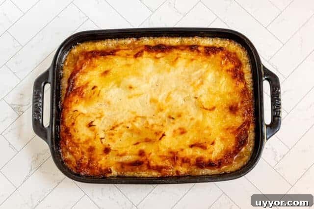 Creamy baked potato casserole with golden cheese topping.