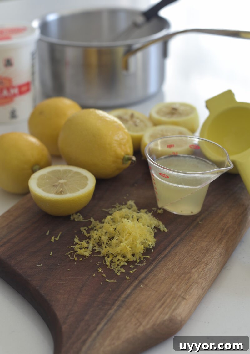 Fresh lemon is zested and squeezed to collect lemon juice.
