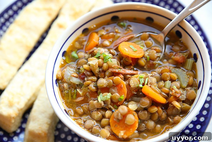 Lentil and ham soup in a blue polka-dotted white bowl with a spoon inserted on the right with three breadsticks on the left, all sitting on top of a white polka-dotted dark blue plate.