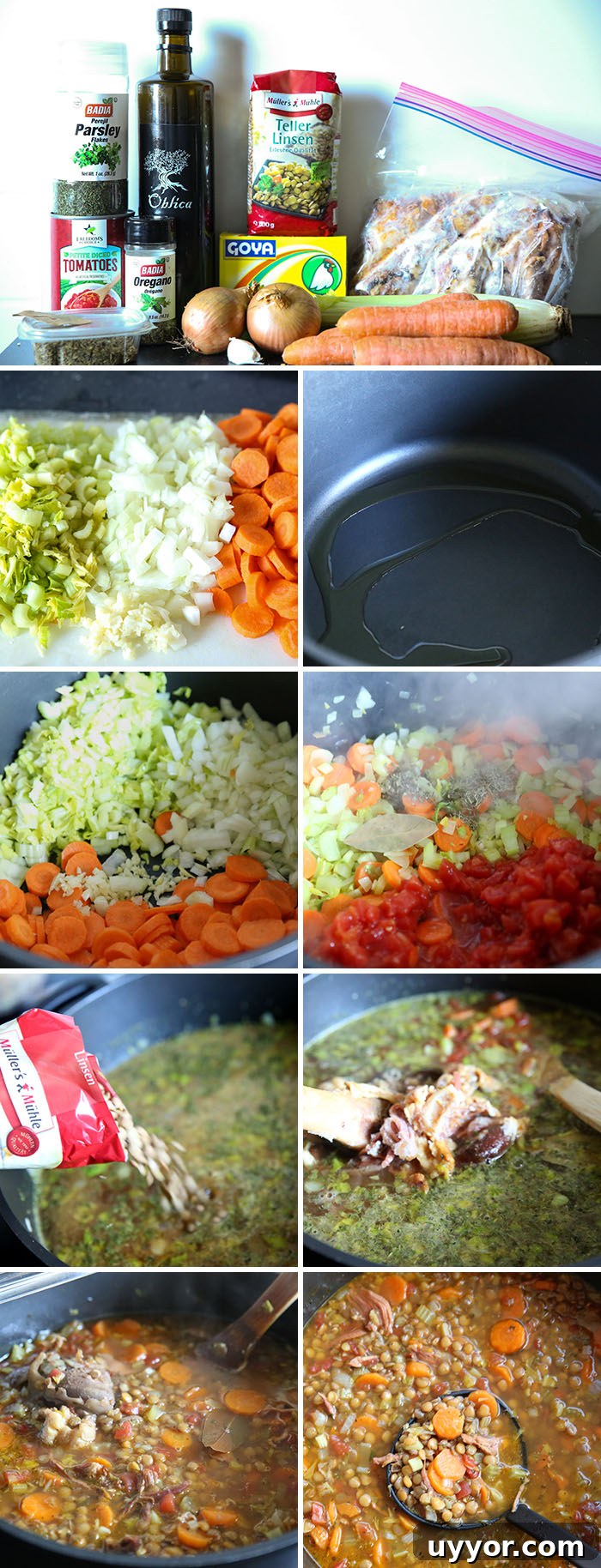 Hearty Ham Bone and Lentil Soup Recipe for Deep Flavor 4 9-photo picture collage of step-by-step photos of how to make Ham Bone Lentil soup