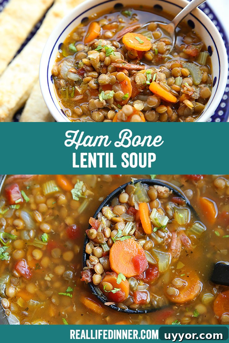 Two-photo Pinterest picture with the text Ham Bone Lentil Soup in the middle separating the photos. The top photo is a bowl of ham bone lentil soup with a spoon it. The bottom photo is a large pot of ham bone lentil soup with a black serving spoon held from the right on top of the soup with soup in the spoon.