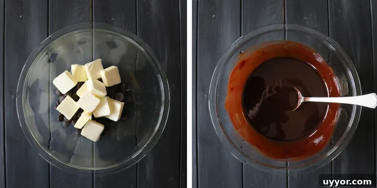 Spicy Chocolate Lava Cakes with Molten Centers 7 overhead view of two glass bowls, one with butter and chocolate chips, the other after they've been melted and stirred