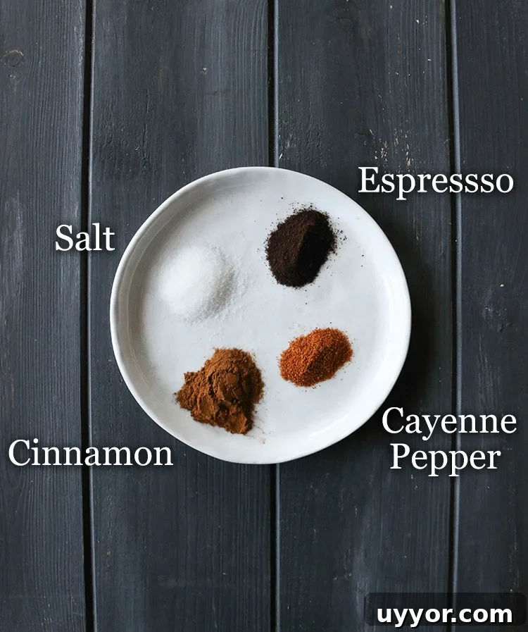 Spicy Chocolate Lava Cakes with Molten Centers 8 round white plate with small piles of salt, espresso, cinnamon and cayenne