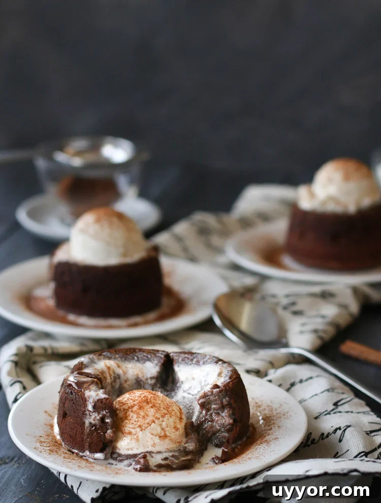 Spicy Chocolate Lava Cakes with Molten Centers 16 A spicy molten chocolate lava cake, broken open with ice cream melted in the center