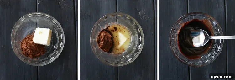 Spicy Chocolate Lava Cakes with Molten Centers 5 trio of photos of a small glass bowl with butter and cocoa, melted butter and cocoa, and the same mixture once stirred