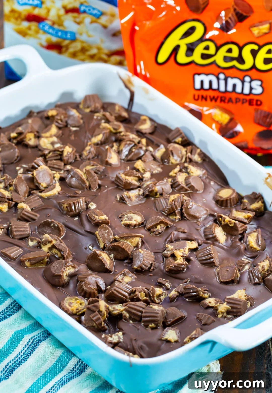 Chocolate Peanut Butter Rice Krispie Bars: Gooey, Crunchy Treats 3 Rice Krispie Treats in a pan.