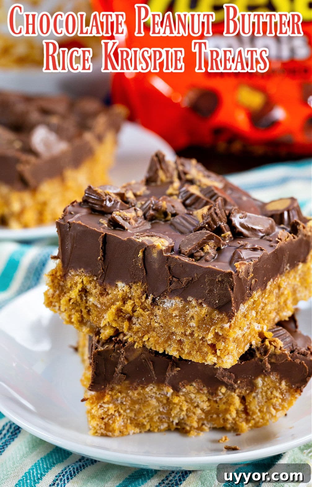 Chocolate Peanut Butter Rice Krispie Bars: Gooey, Crunchy Treats 4 Two Rice Krispie Treats on a plate.