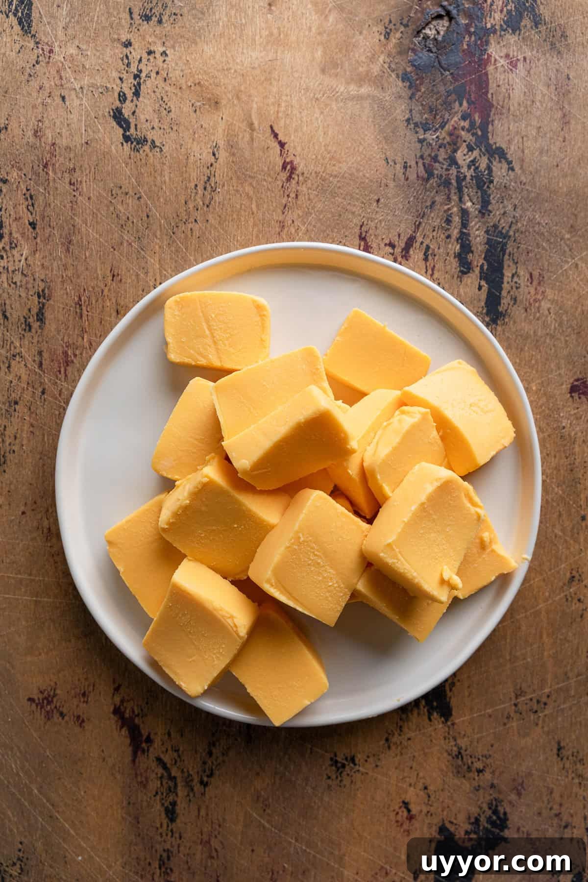 Cut up pieces of velveeta cheese.