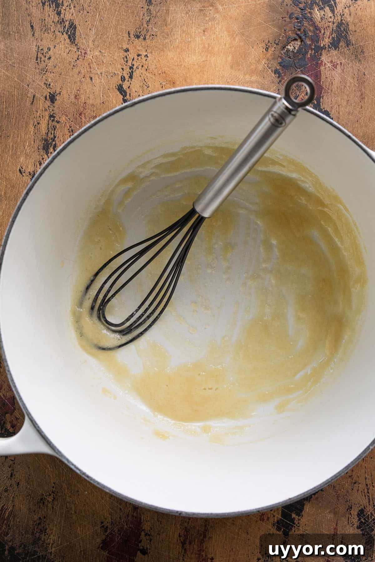 Making the roux for the cheese sauce.